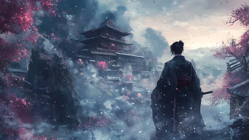 Samurai silhouette facing misty mountain temple at dawn