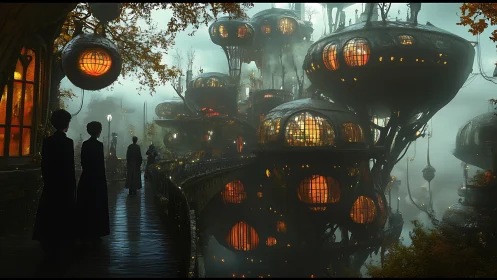 Elevated spherical dwellings in misty arboreal cityscape.