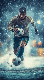 Soccer player advances with ball through dense snowfall