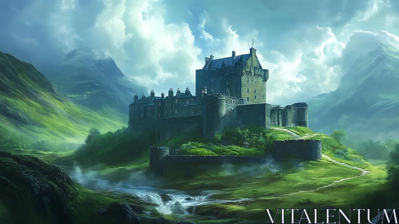 Digital painting of mist-laced highland castle stronghold.
