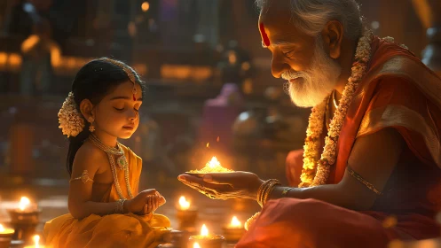 Elder and child share ritual fire offering during worship