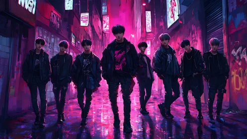 Neon-lit street crew advances through saturated cyberpunk alley