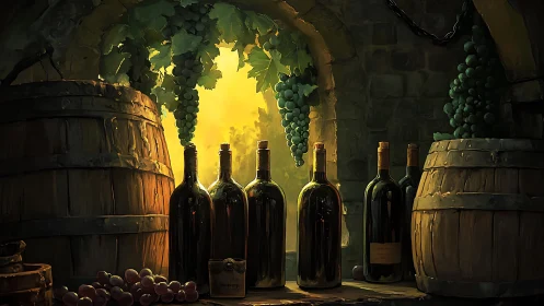 Sunlit wine cellar scene glows with rustic vineyard warmth