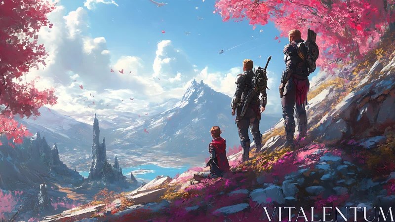 Armored explorers overlook vast pink valley and peaks