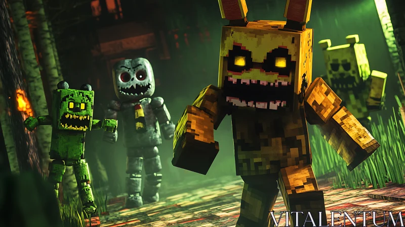 Blocky animatronic figures move through a lit forest path
