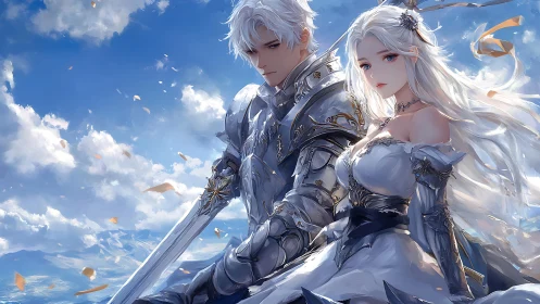 Silver haired knight and lady in ornate armor.