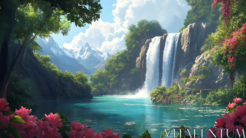 Luminous alpine waterfall lagoon with floral terraces and stairs