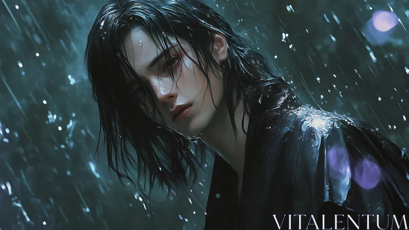 Solitary youth stands in cold rain, wrapped in quiet sorrow