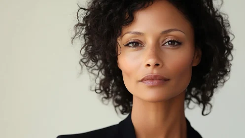 Confident woman with curly hair in natural light, modern portrait.