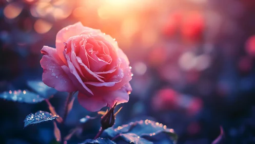 Pink rose glistens with morning dewdrops in magical light