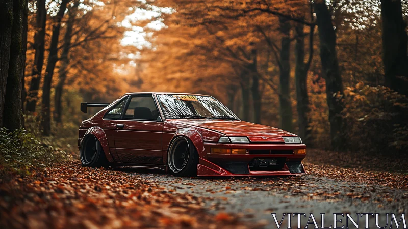 Stanced red tuner car on leaf-covered autumn forest road.