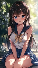 Seated anime schoolgirl is rendered in dappled outdoor light