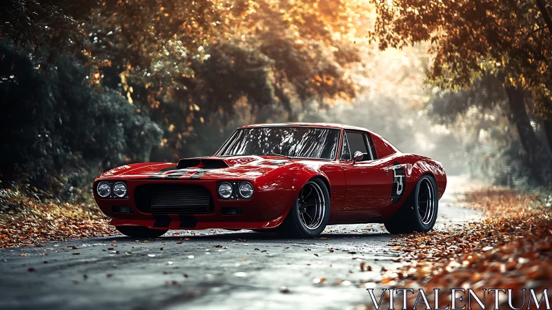Crimson muscle car idling in a dreamy autumn tunnel of light.