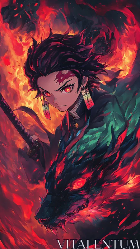 Anime infernal swordsman with elemental dragon aura illustration.