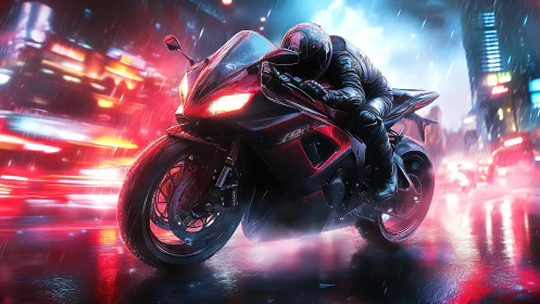 Motorcycle rider in rain on neon lit urban roadway at night.