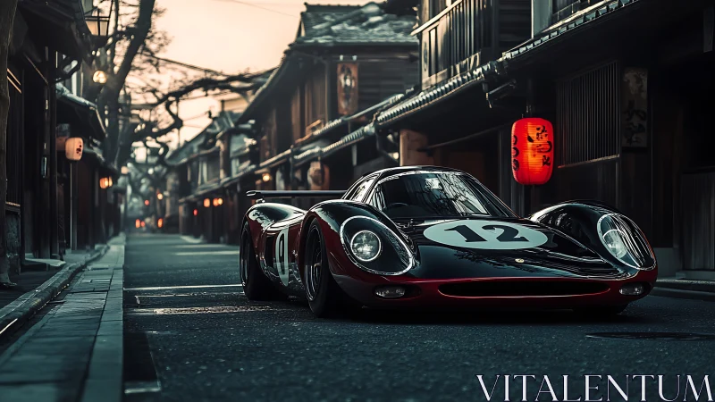 Vintage race car glides through quiet lantern lit streets