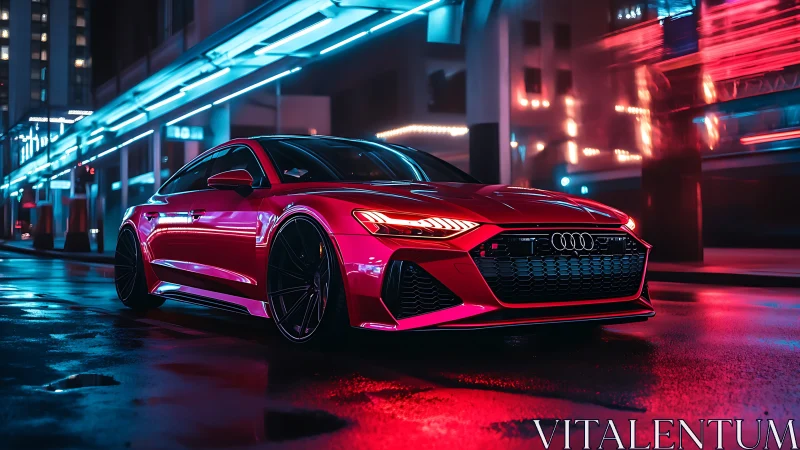 Neon-lit red sports car glides through a futuristic city night
