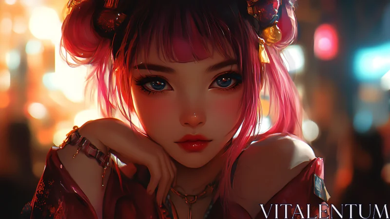 Neon city dreamer with bright eyes and electric pink hair.