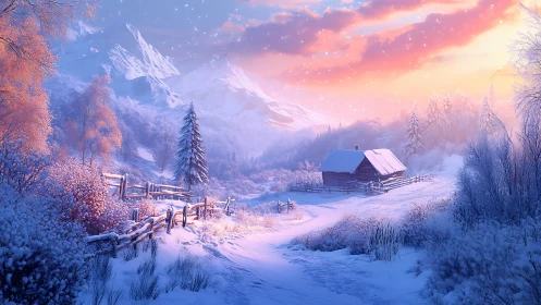 Snowy mountain cabin glows under soft pastel winter sunset