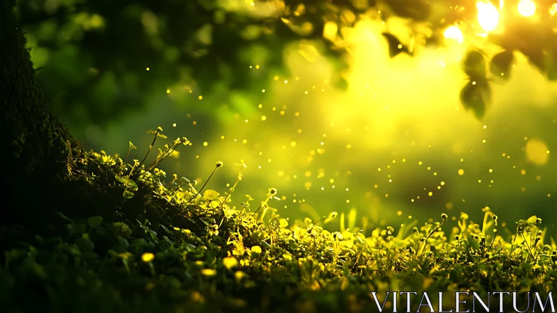 Sunlit Forest Floor with Glowing Particles in Dreamy Style.