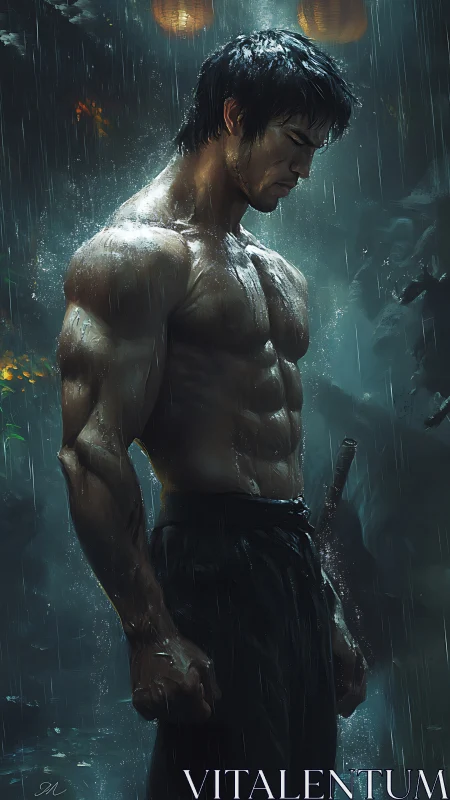 Rain-soaked warrior stands in meditative, silent resolve.
