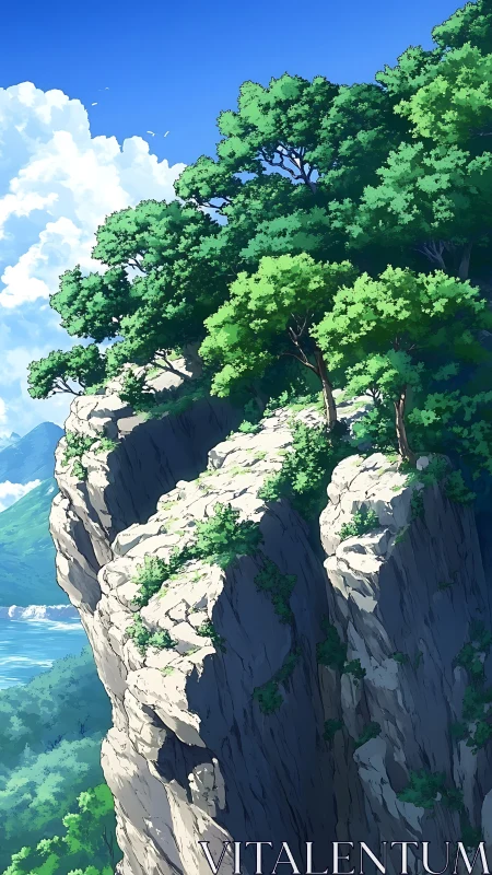 Steep rocky cliff with dense treetops under clear sky