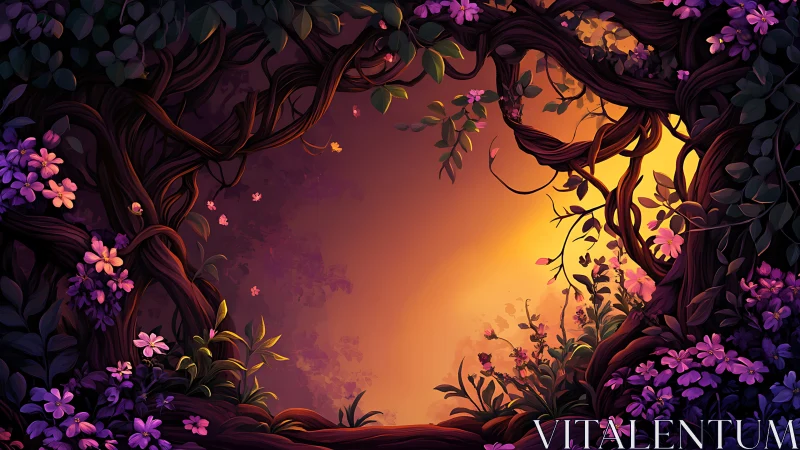 Digital painting depicting nocturnal garden landscape with twisted vines framing golden light source