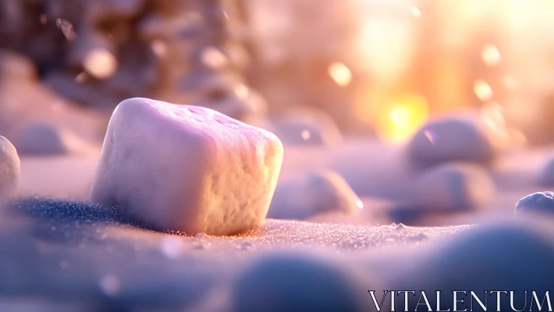 Snow cube rests on frosty ground in soft sunset light
