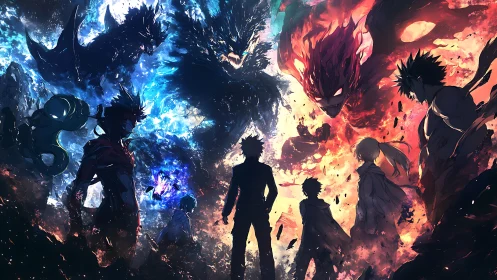 Elemental anime standoff with dark figures and spirits.