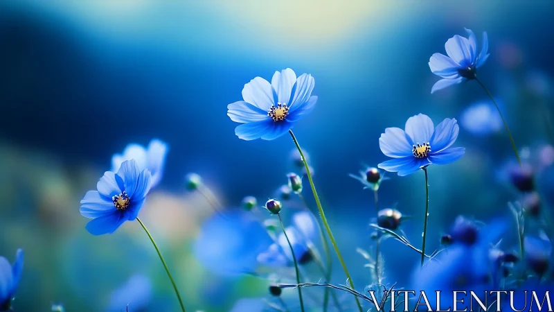 Shallow-Focus Cosmos Flowers Against Gradient Blue Bokeh Background