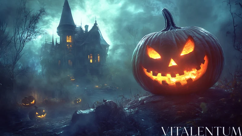Grinning jack-o-lantern commands a mist-soaked haunted hill