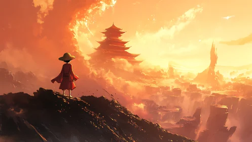 Wanderer in ember skies before the distant floating temple.