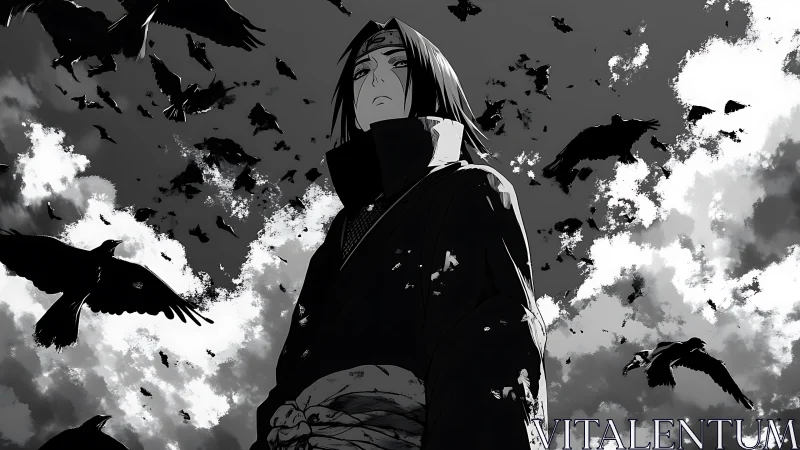 Silent shinobi stands calm as dark crows circle the sky.