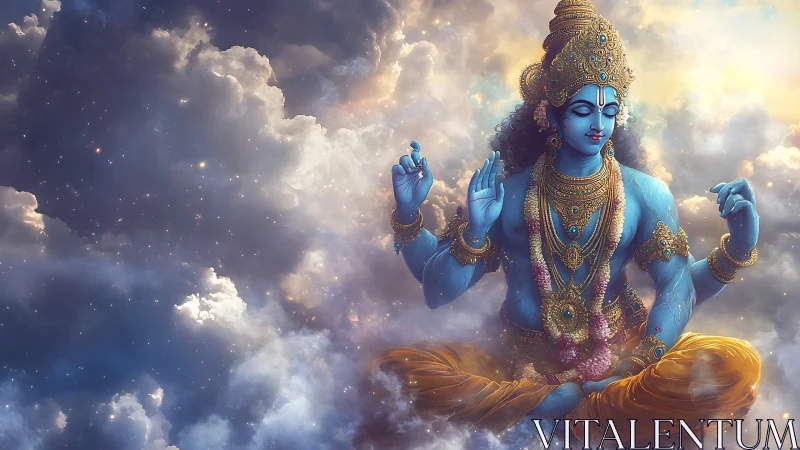 Serene blue deity floating in glowing, dreamy cloudlight.