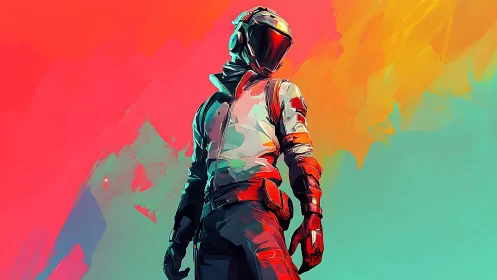 Bold space traveler stands against vivid cosmic colors