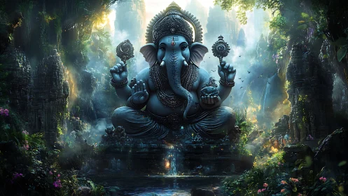 Elephant deity awakens in emerald jungle shrine of light.