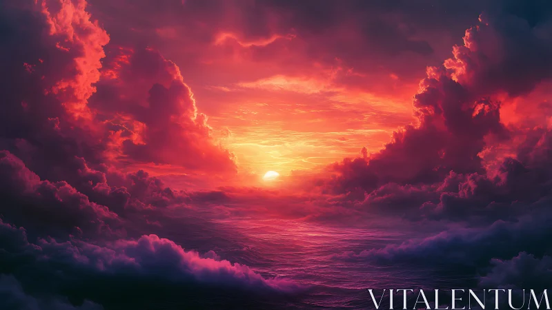 Sunset over ocean horizon with dense illuminated clouds.