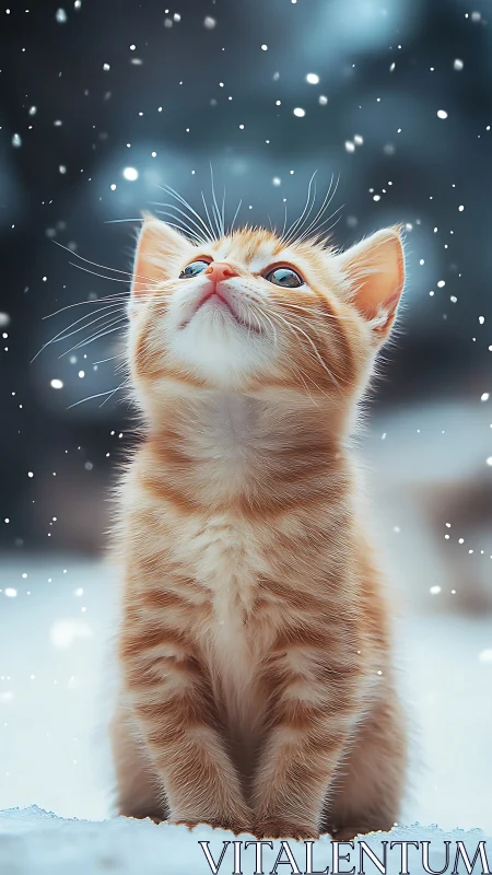 Orange Kitten Gazes Skyward Through Falling Snowflakes.
