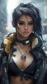 Cyberpunk woman stands in rain wearing tactical jacket