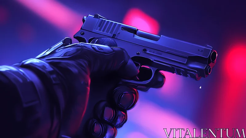 Neon-soaked pistol pauses mid-aim in electric twilight haze