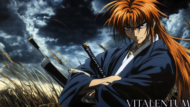 Resolute red haired samurai standing beneath stormy skies.