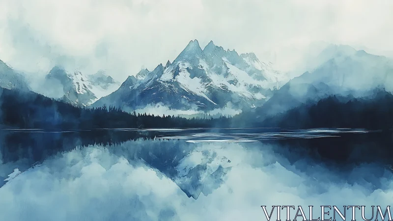 Misty blue mountain range reflected on calm lake surface.