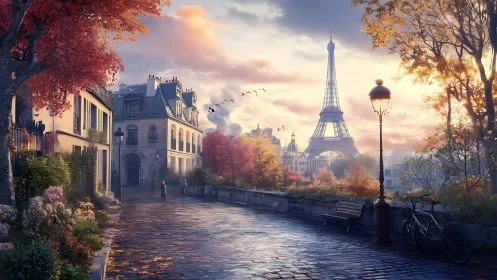 Paris riverside street in autumn with Eiffel Tower view.