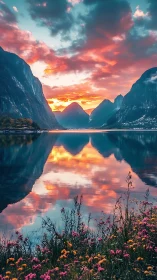 Symmetrical fjord landscape captures saturated sunset reflectance
