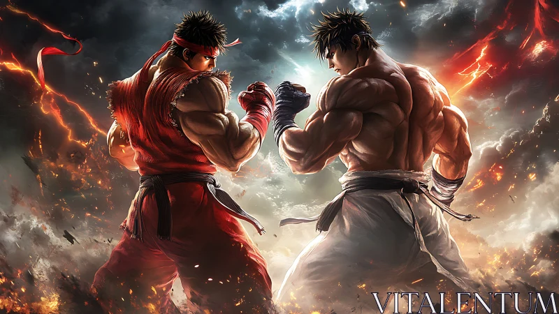 Twin warriors ignite a stormy arena of blazing resolve.