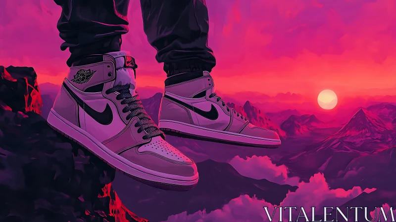 High-top sneakers hover above neon pink mountain sunset