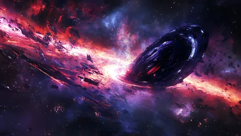 Starship collision with radiant galactic rift in deep space.