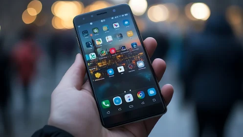 Hand Holding Dark Android Smartphone with App Icons and City Background.