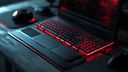 RGB gaming laptop keyboard with red cyber lighting.