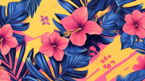 Vibrant Tropical Blooms Dance Across Golden Canvas.